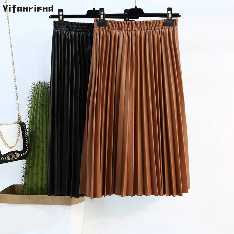 

2018 Fashion PU Leather Pleated Skirts Womens Autumn Winter Streetwear Midi Skirt Femme Elegant Women's Pleated Leather Skirt