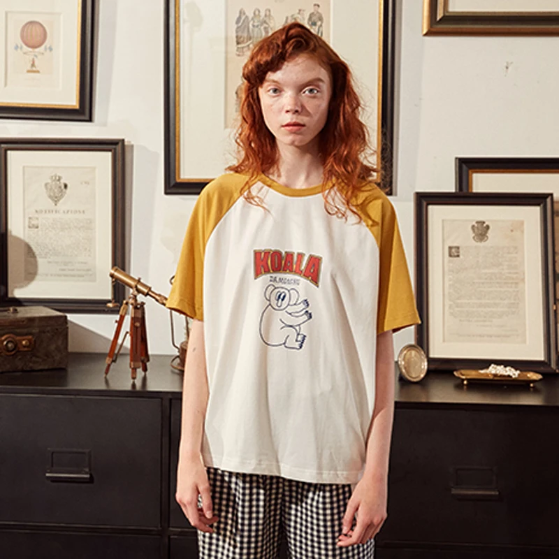 

Women Fashion Design T-shirt Crew Cotton Raglan Short Sleeve Koala Print Yellow Stitching White Ladies Loose Tee Top Summer