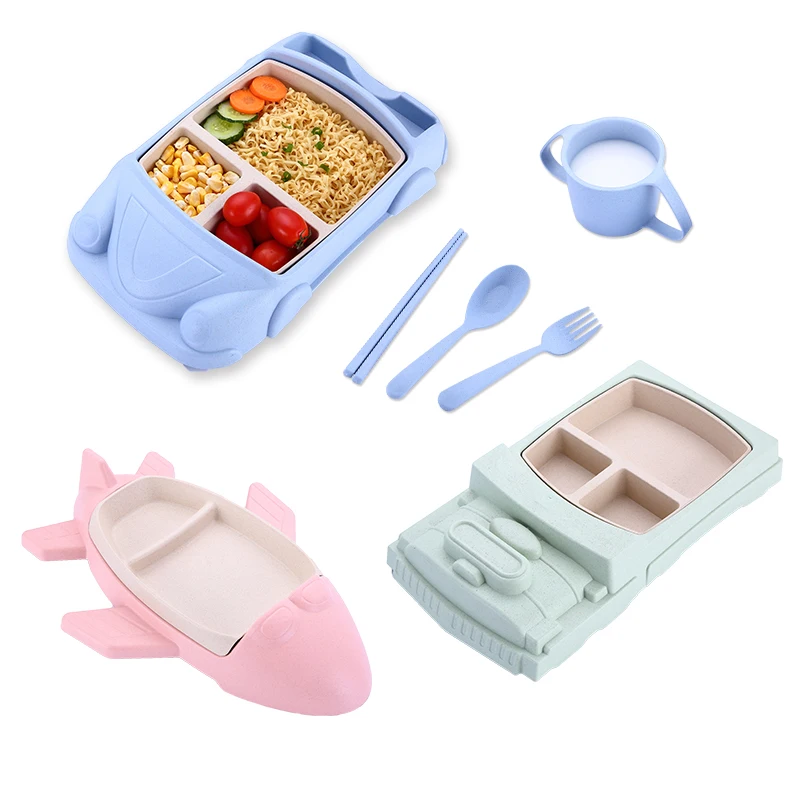 2pcs/set Baby Feeding Plate Children Plastic Tableware Plane Tray Infant Removable Dishes Bamboo Fiber Toddler Training Bowls