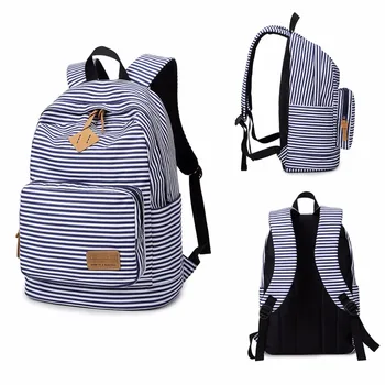 

Women Striped Canvas Backpack Rucksack School Satchel Women Girl New Fashion Travel College Bag School Bags Large Capacity