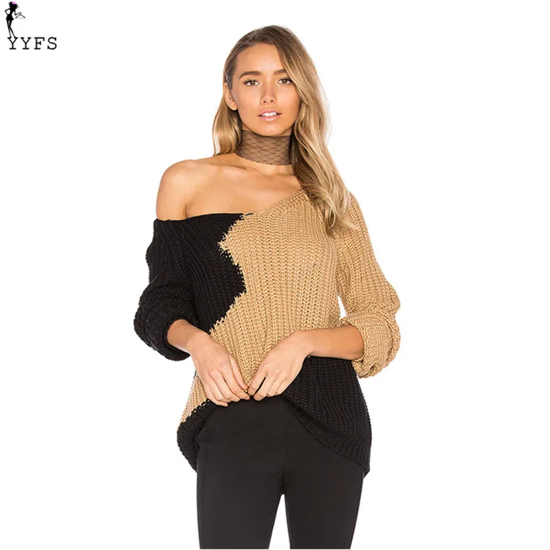 YYFS Women V-neck Sweaters Autumn Winter 2017 Pull Jumpers Patchwork Color Oversize Loose Casual Knitted Long Sleeve Sweater | Женская