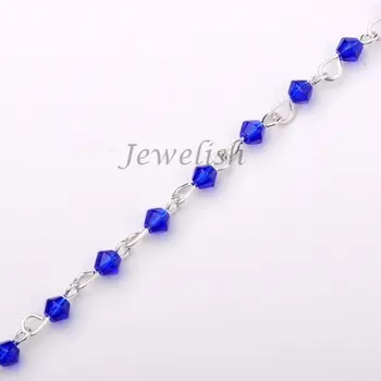 

5x4mm Handmade Bicone Glass Beads Chains for Necklaces Bracelets Making, with Iron Eyepins, Silver, Blue, 39.3"