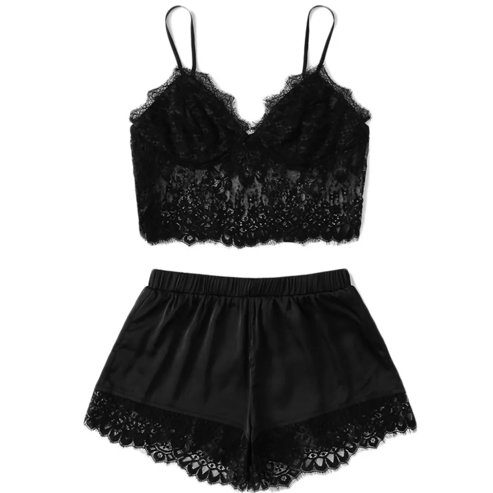 SweatyRocks Womens Sheer Lace Bralette and Satin Shorts Lingerie Pajama Set with Robe