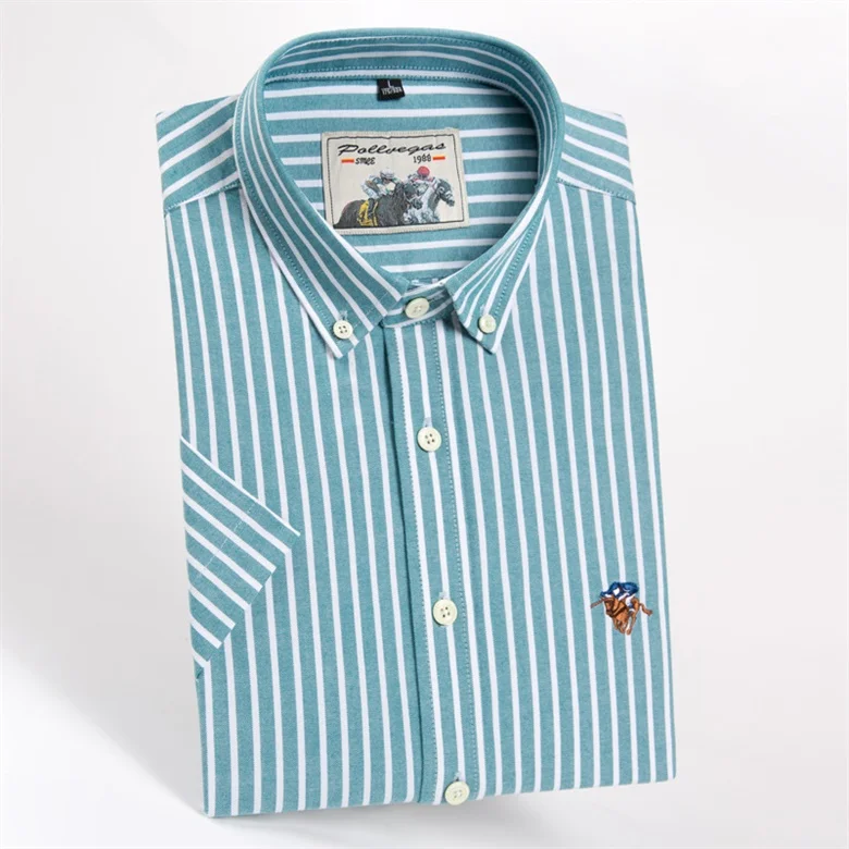 Fashion High Quality Pure Cotton Solid Color Stripe Twill Casual Business Oxford Short Sleeve Dress Shirts Slim Yellow Pink Blue