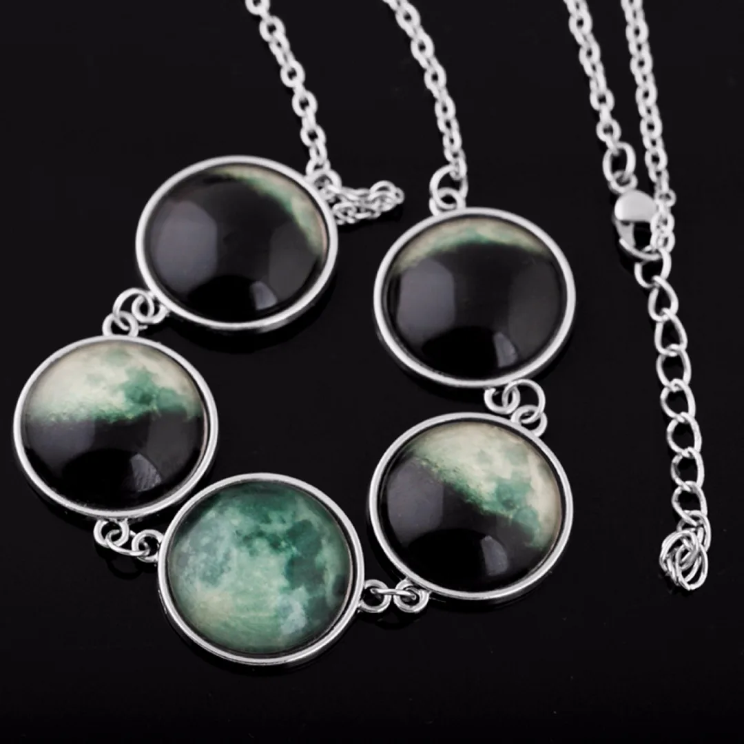 Luminous Glow in the Dark Lunar Moon Phase Glass Dome Cabochon Necklace