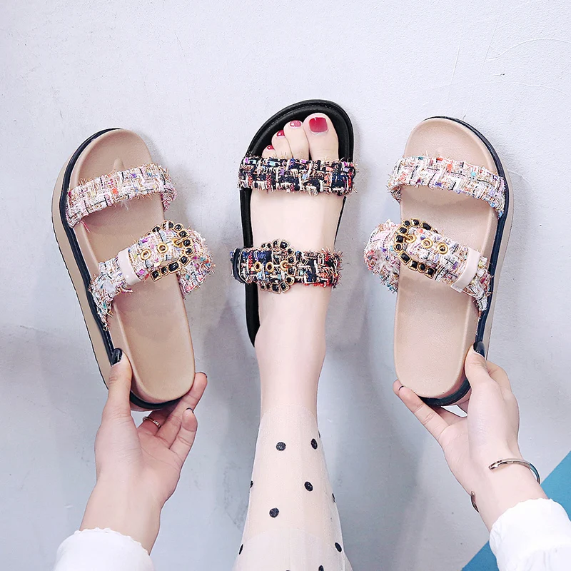

Modis Ethnic Style Female Flat Square Buckle Leather New 2019 Beach Slippers Outside Brief Summer Ladies Rubber Clogs Platform