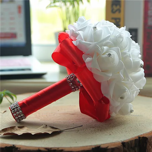 Белый Розовый Perals Свадебный букет с лентой романтический цветок Роза ручной работы Искусственный Свадебный Свадебные аксессуары, букеты - Цвет: Красный