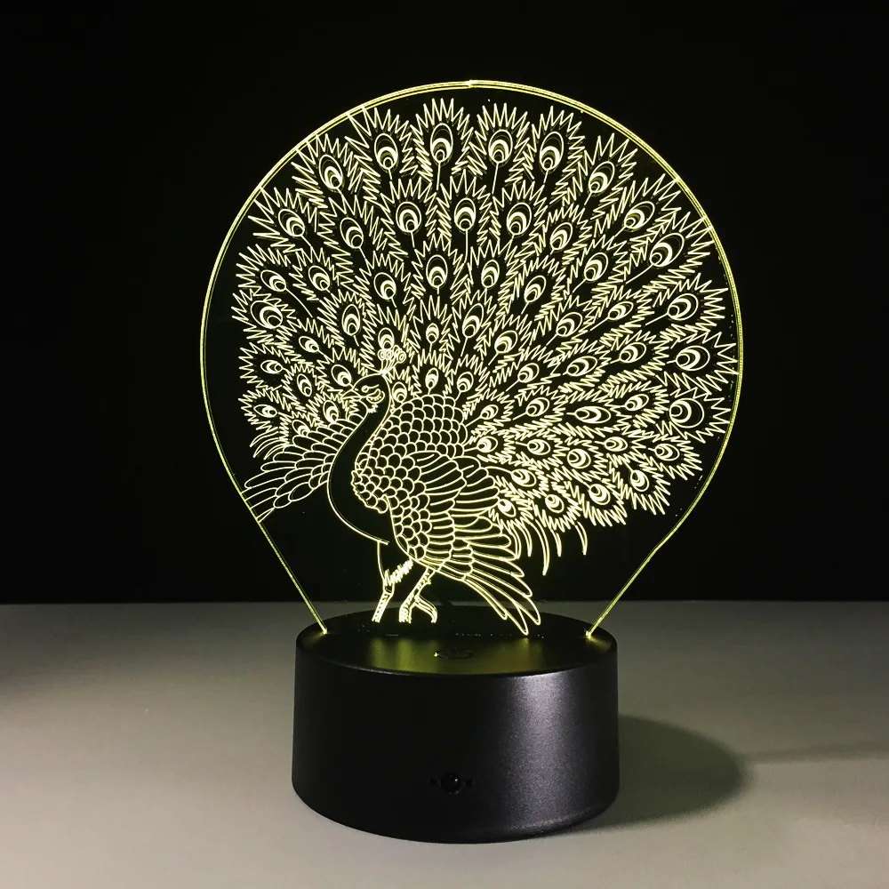 

3D effect Peacock Open Screen Desk Table Night Light House Decor Led Christmas Lighting 7 Color Change RC Remote ControlKid Gift