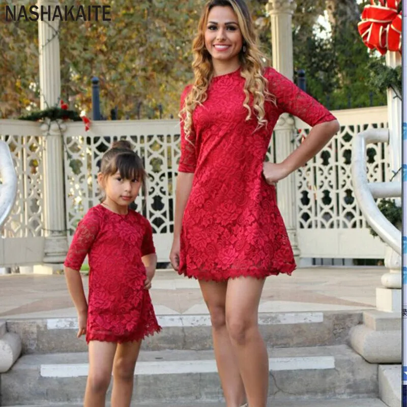 

NASHAKAITE Mother Daughter Dresses Fashion Half Red Lace Mini Dress Vestidos mae e filha Mommy and me clothes Family Look