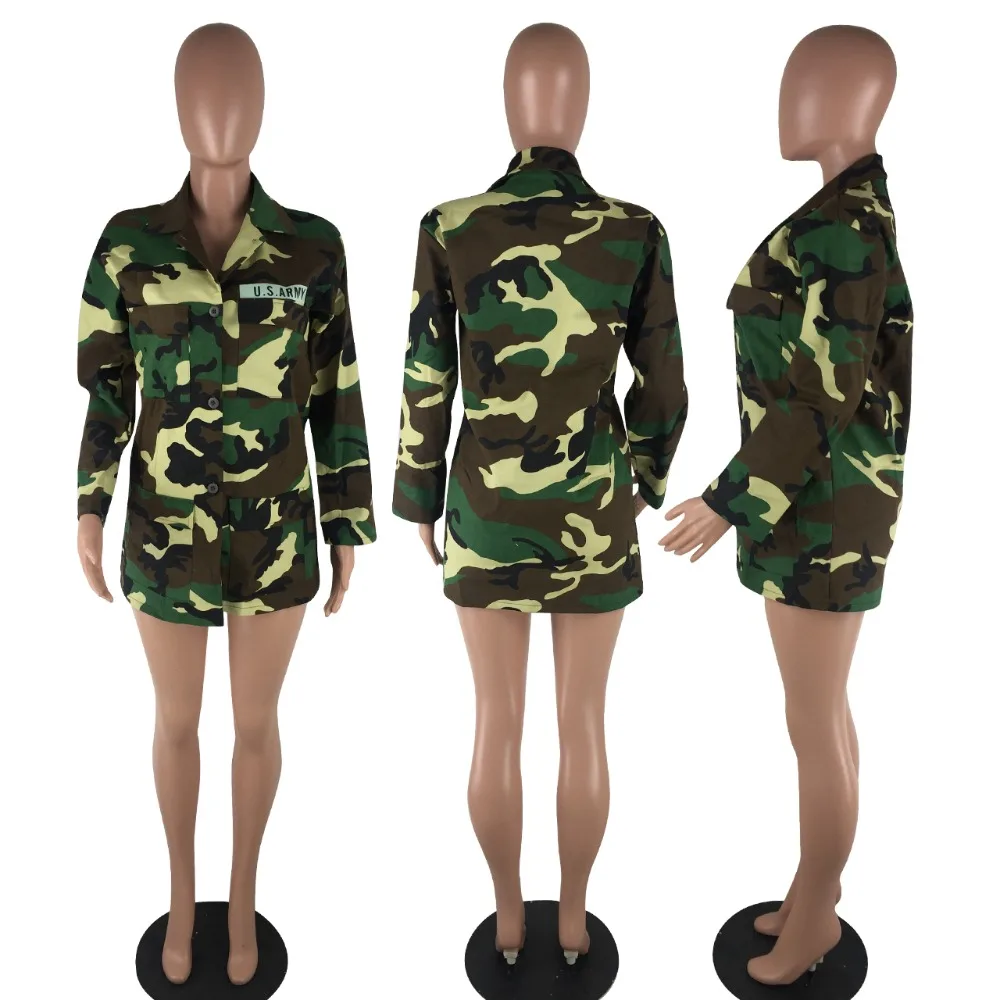 Tsuretobe модное камуфляжное длинное пальто женское сексуальное с длинным рукавом с отложным воротником Карманный Женский армейский зеленый одежда в Военном Стиле куртка