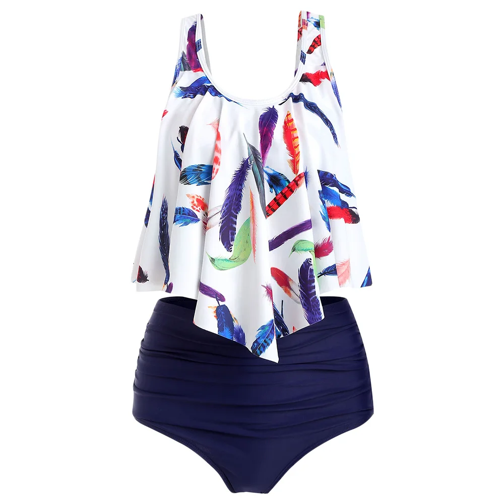 

Hot Colorful Feather Leaf Flounce High Waisted Tankini Set U Neck Padded Summer Swimsuit Sunny Beach Swimwear Two-Piece Suits