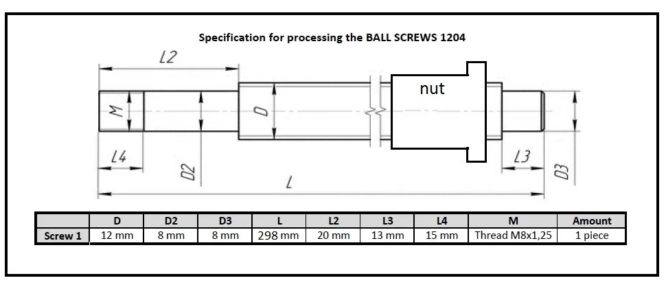 

1pc SFU1204 - 298mm ballscrew + 1pc Ballnut process according to the drawing