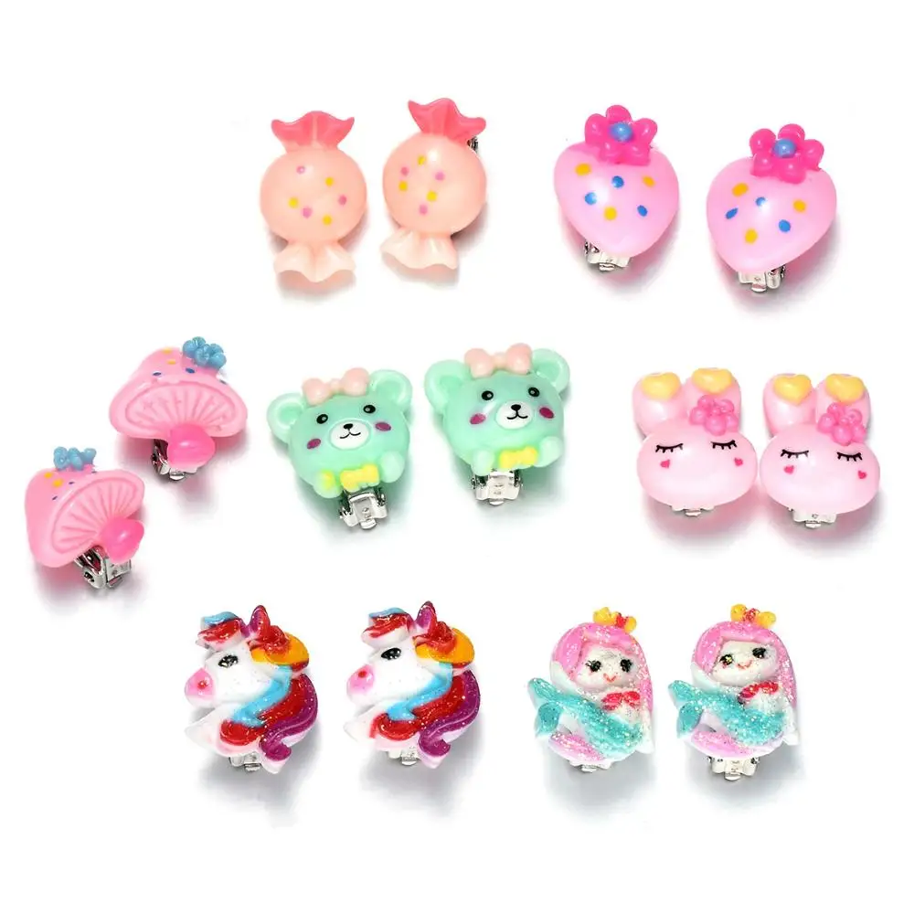 

7 Pairs Kids Toddler Little Girls Clip On Earrings Value Set Birthday Party Gift Cute Mermaid Horse Candy Princess Ear Jewelry