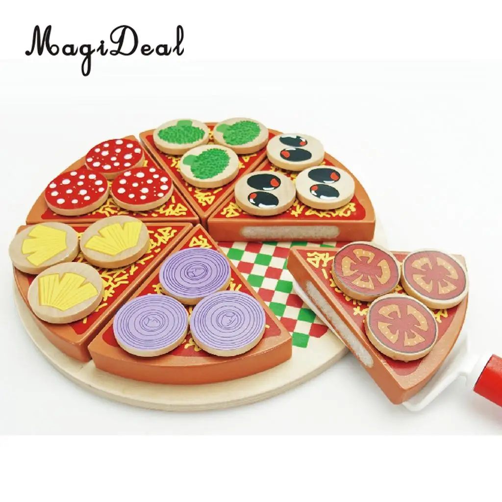 Simumaltion Wooden Sticky Pizza Kitchen Food Cutting Play Kids Pretend Role Play Kitchen Toy Early Learning