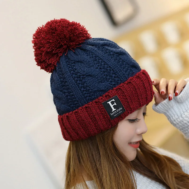 Winter Keep Warm Knitted Hat Women Outdoor Warm Double Color Cap Female Creative Pompom Decoration Cap Beanies