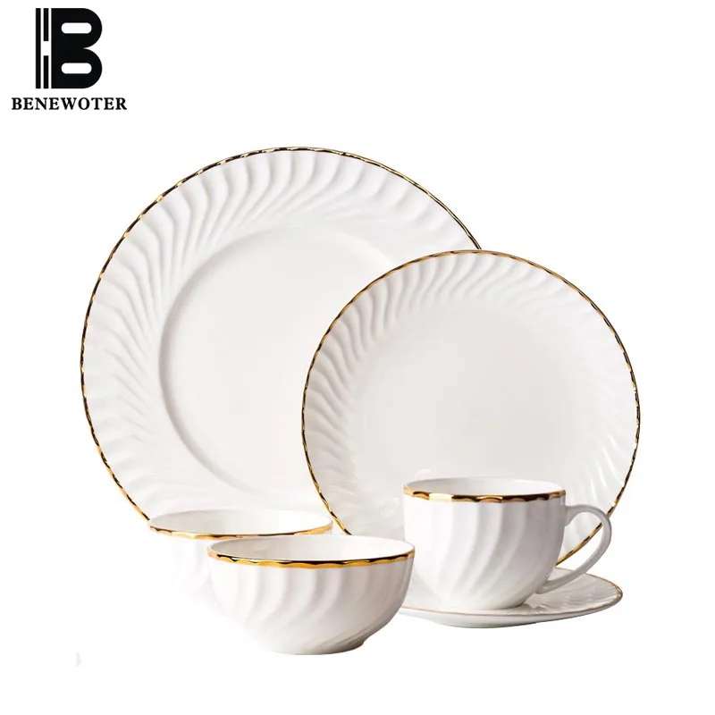 

11PCS/Lot Creative Ceramic Bone China Tableware Set Handmade Gold Rim Rice Bowls Soup Dessert Bowl Spaghetti Plate Pastry Dishes