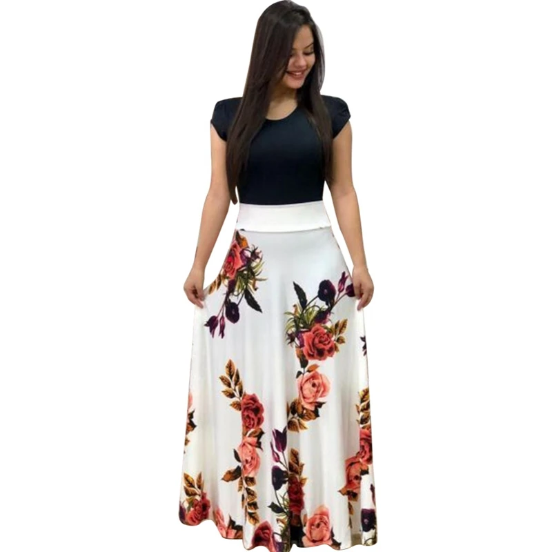 

2019 Women Vestidos Party Long Sleeve Autumn Print Flower Waist Colorblock Size High Sexy Spring Large Dress