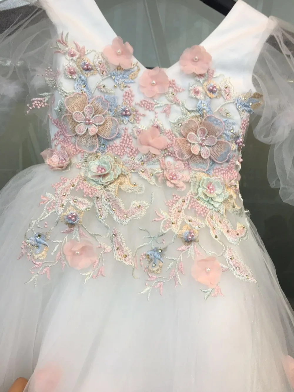 Для девочек в цветочек украшения бисером длинное платье новое платье для девочек Свадебная вечеринка Бальные платья 3D с кружевной аппликацией для девочек, нарядные платья
