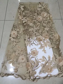 

2018 3D french lace fabric with flower embroidery gold Applique lace fabric high quality african net lace for beaded party dress