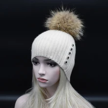 Женщины Шапочки Реальных Природных мех Енота ПОМ АНГЛИЧАНЕ Шерсти Hat Beanie Трикотажные Skullie Шапки Мода Дамы Трикотажные Шапки Зимние Шапки