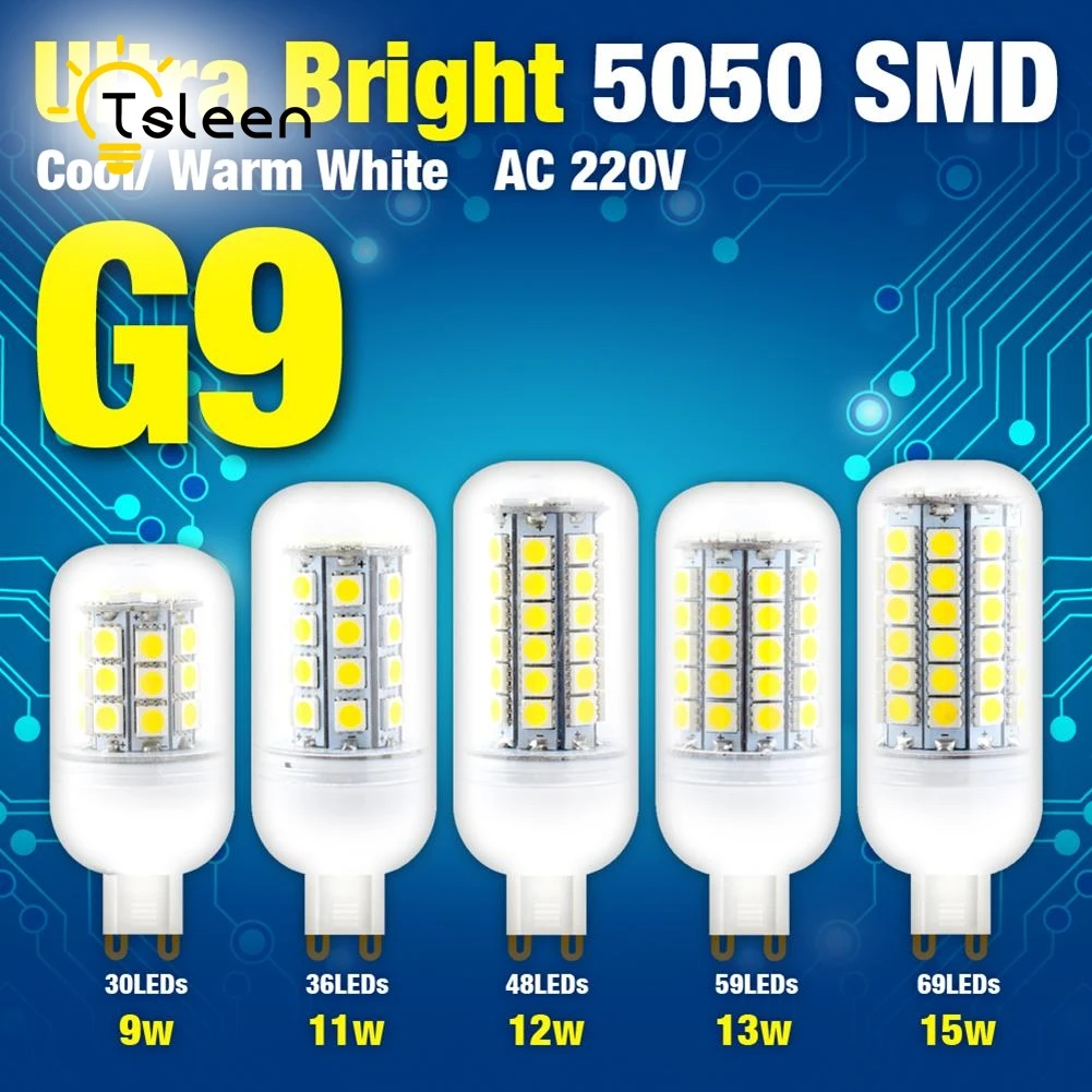 

TSLEEN 5Pcs Led Lamp G9 Led 220V 9W 11W 12W 13W 15W Led Corn Light 220V 5050 SMD LED Corn Bulb Chandelier Lighting LED Bulb