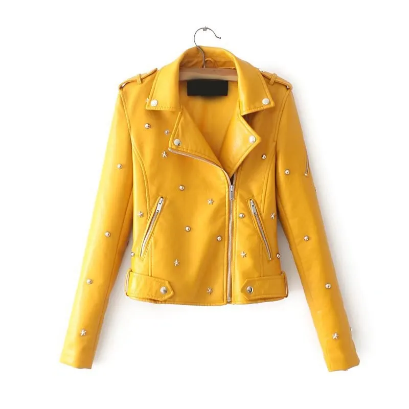 

Hot Sale 2018 Autumn Women Faux Leather Jacket Black Rivet Biker Coat Outwear Moto Biker Motorcycle Pu Leather Jacket