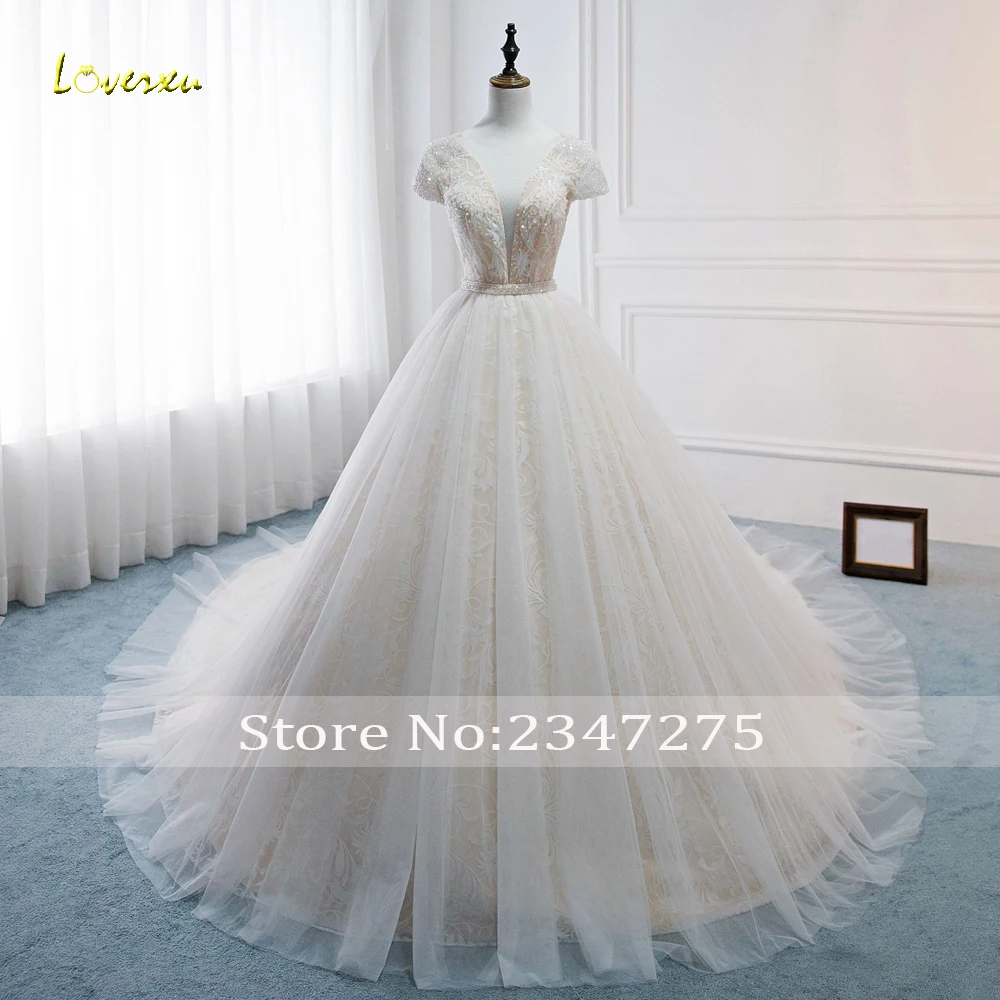 Loverxu Vestido De Noiva сексуальное кружевное бальное платье с v-образным вырезом, свадебное платье, роскошное свадебное платье принцессы без спины вышитый бисером