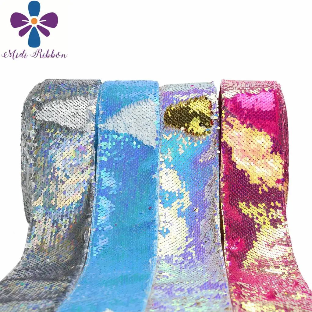 

3"75mm Double Color Reversible Sequin Ribbon Shocking Pink Rainbow Silver DIY Wedding Gift Bowknot Hair Band Making 25yards/roll