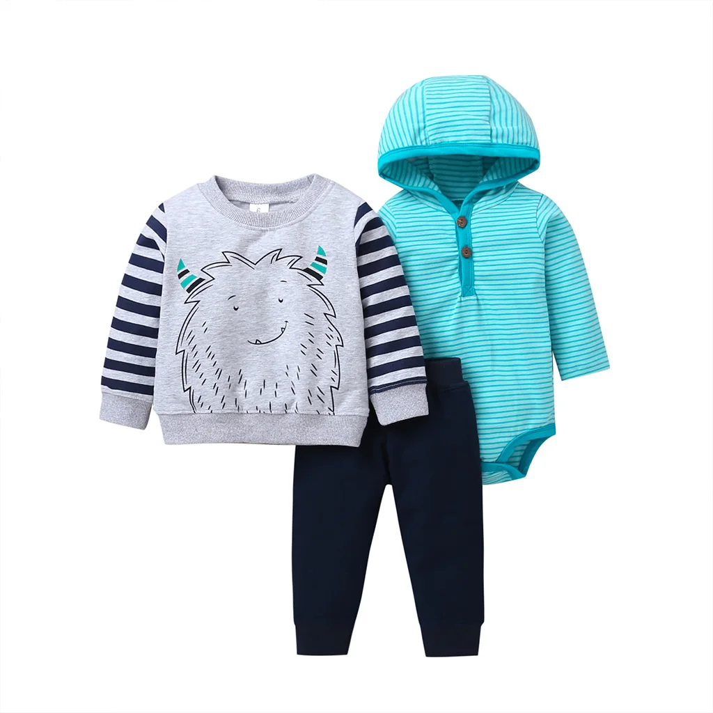 baby boy set 2019 autumn outfit long sleeve clothes cartoon monster Sweater+hood bodysuit stripe+pant 3PCS clothing newborn