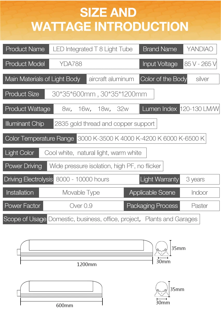 YANDIAO светодиодные трубки T8 Light 120 см 85 V-265 V Светодиодный LED флуоресцентные T8 трубки лампы холодный белый свет Lampara ампулы ПВХ Пластик