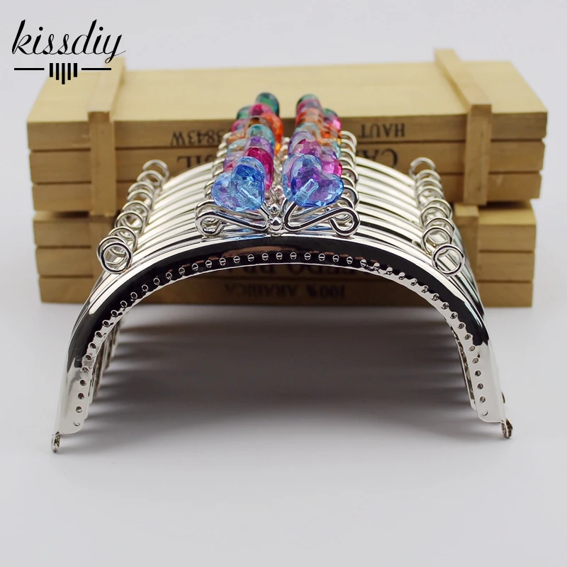 

10pcs High Quality 16.5 CM colorful Heart Bead Silver Tone Metal Purse Frame clasp for bag purse DIY ,Mixed color wholesale