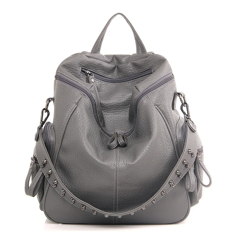 Женский рюкзак с заклепками, многофункциональные школьные сумки для девочек-подростков, Женский дорожный рюкзак, сумка через плечо, кожаные повседневные Рюкзаки - Цвет: Gray backpack