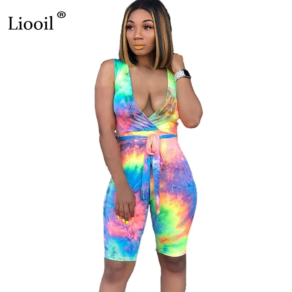

Liooil Sexy Bodycon Tie Dye Playsuits And Jumpsuits Shorts 2019 Sleeveless V Neck Belt Party Club Tight Rompers Womens Jumpsuit