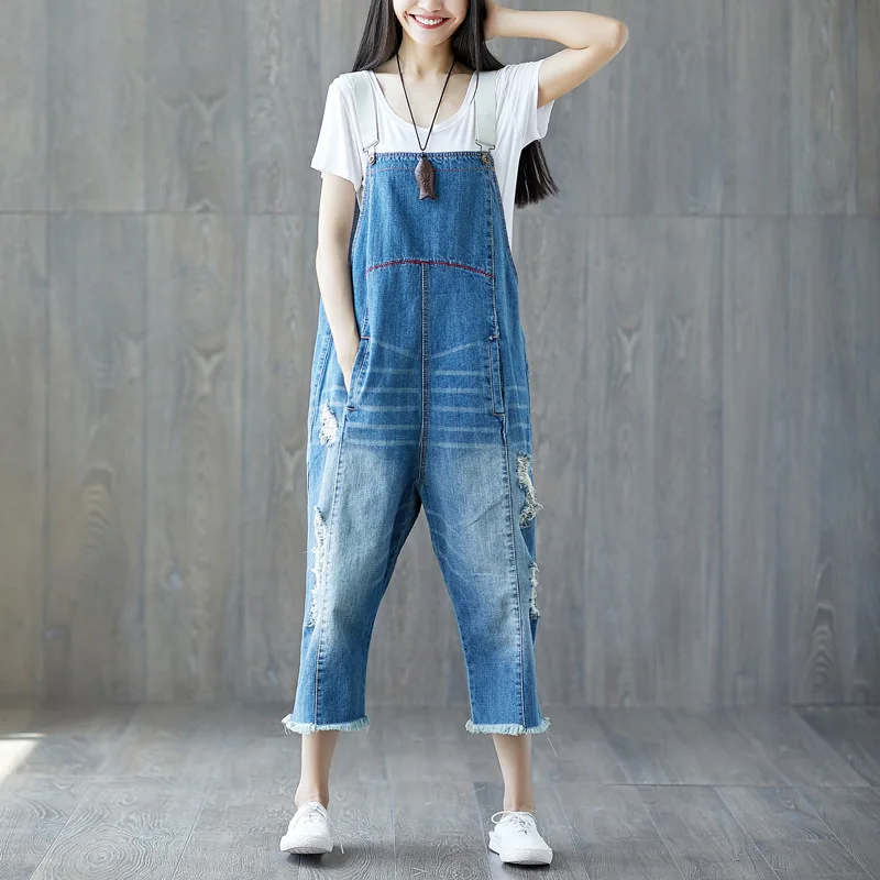 

Jumpsuit Women Vintage Washed Wide Leg Pant Hole Jeans Female Plus Size Cotton blue Jumpsuits Casual Denim Rompers kombinezon