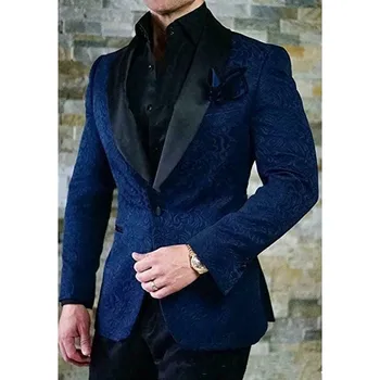 

High Quality Blue Paisley Mens Suits Groom Tuxedos Groomsmen Wedding Party Dinner Best Man Suits (Jacket+Pants+Tie) K2297