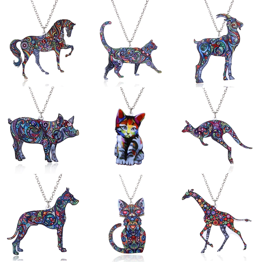 Acrylic Animal Necklace Pet Cat Dragon Pig Bird Wolf Horse Fish Dog Necklace Women Bohemia Jewelry Pendant Ethnic Long Necklace