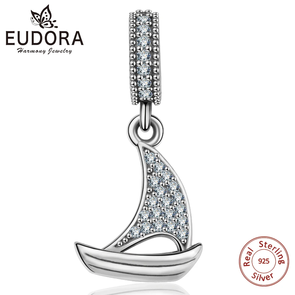 

Eudora New 925 Sterling Silver Small Ship Charms CZ Beads fit Bangles Bracelets Women Fashion Jewelry DIY Pendant Unique gift 21