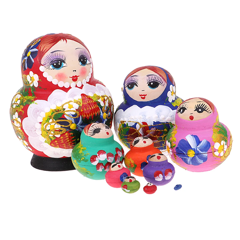10Pcs Handmade Girls Russian Babushka Matryoshka Nesting Dolls Kit Kids Birthday Gift Christmas Ornaments