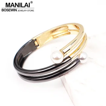 

MANILAI Punk Alloy Big Cuff Bracelets Imitation Pearl Statement Bangles Bracelets For Women Jewelry Mixed Color Accessories