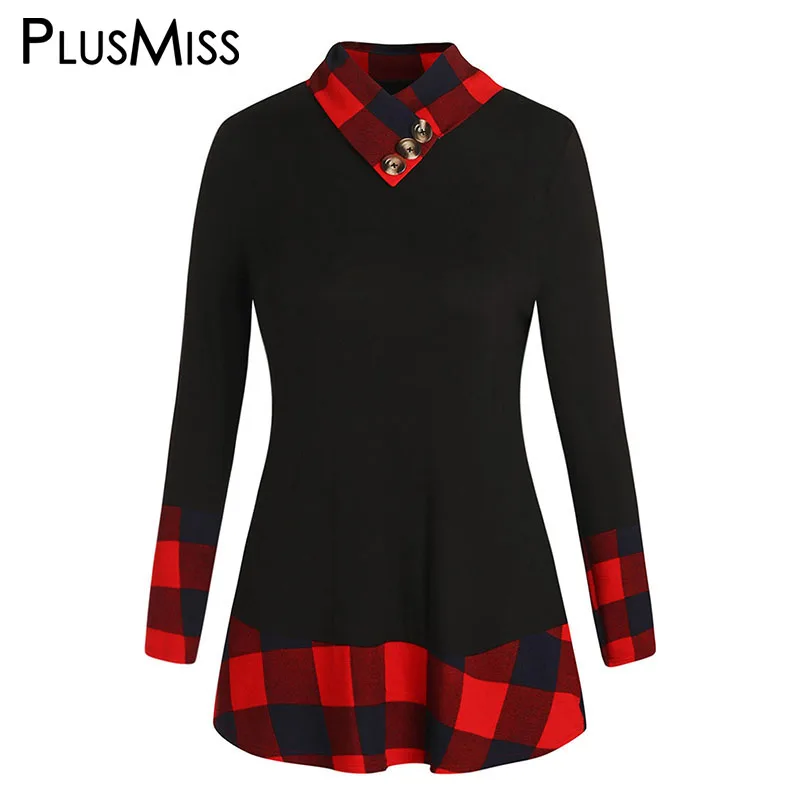 

PlusMiss Plus Size 5XL Plaid Long Sleeve Tunic Tops Tees Big Size Autumn XXXXL XXXL XXL Winter 2018 Casual Black T Shirts Women