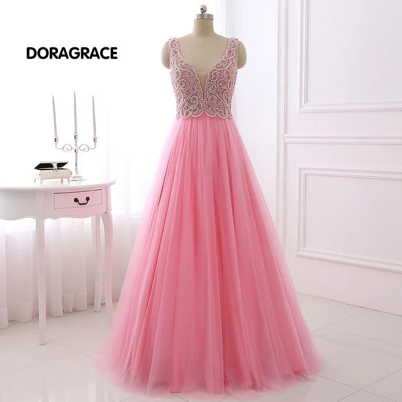 

DORAGRACE New Arrival Glamorous Pearls Beaded A Line Floor-Length Backless Prom Gowns Evening Dresses DGE078