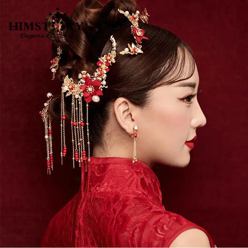 Himstory Traditional Chinese Gold Flower Red Pearl Hairpins Hair