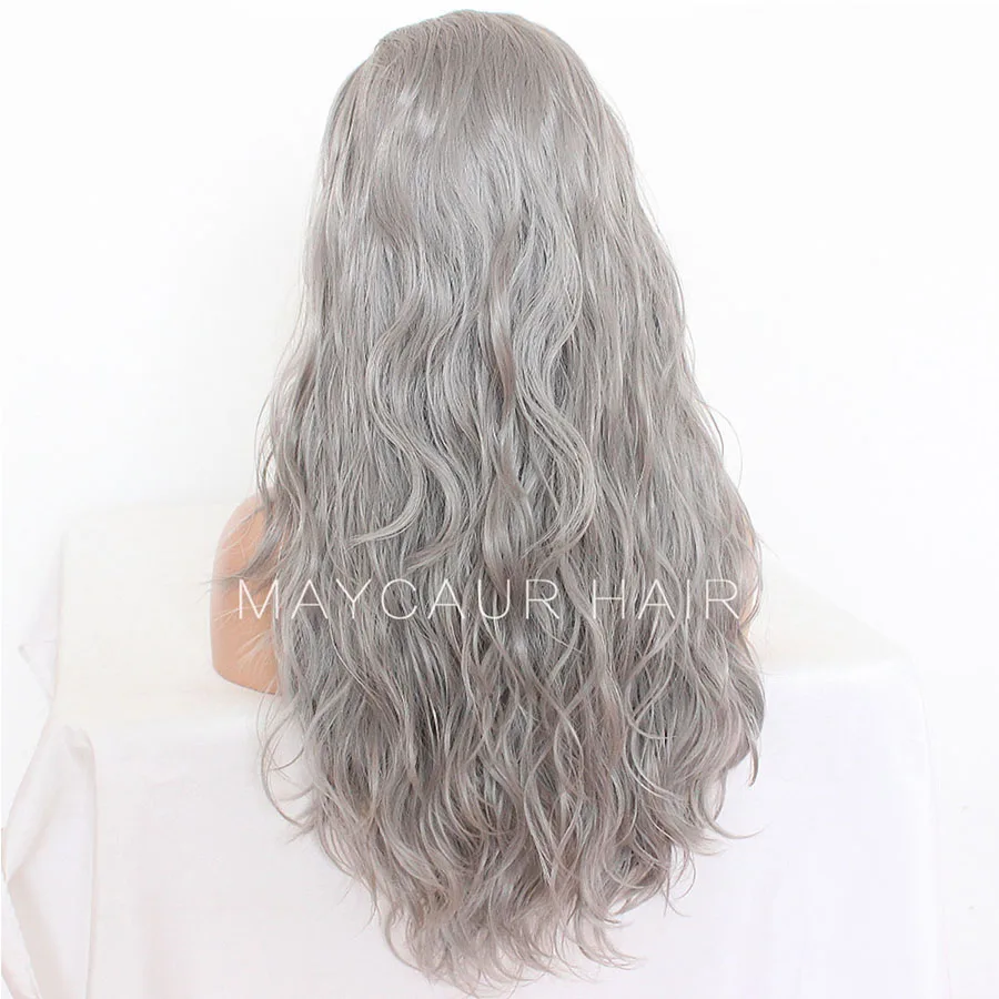 Maycaur Long Grey Color Hair Lace Wigs Loose Wavy Hair Glueless Heat Resistant Synthetic Lace Front Wigs for Black Women (2)