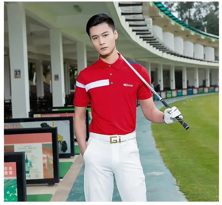 Мужская футболка для гольфа на пуговицах с коротким рукавом, летняя дышащая быстросохнущая спортивная одежда, топы, спортивные рубашки для гольфа с защитой от пота - Цвет: Красный