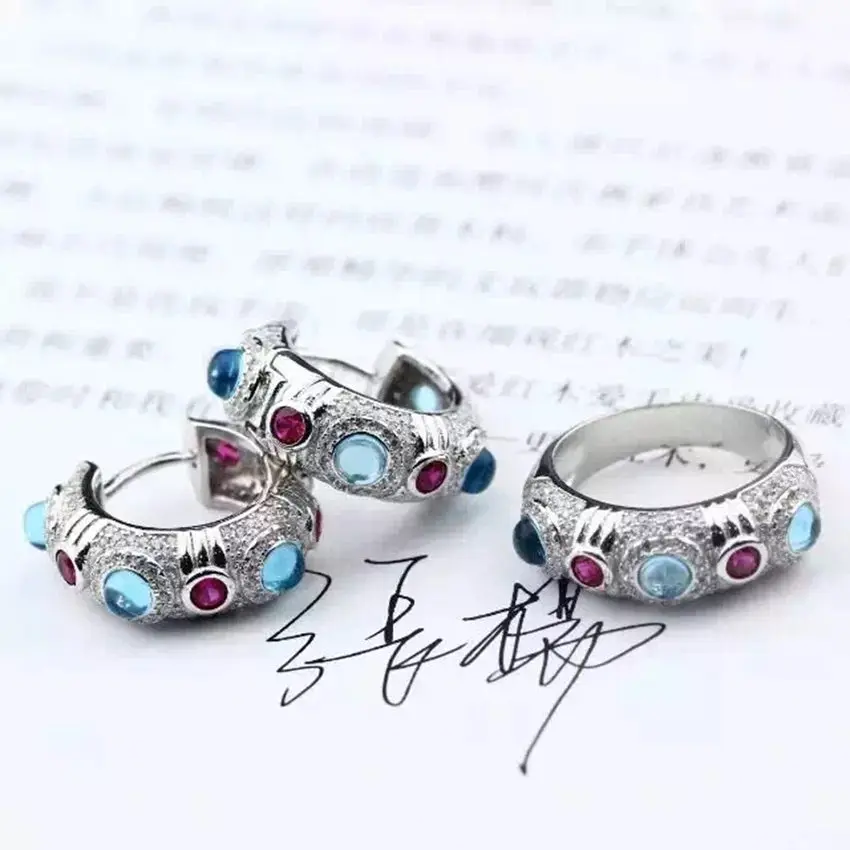 

Fashion 925 Sterling Silver Zircon Simulated Finger Ring Same Design Hoop Earring Colorful Crystal Gold Color Jewelry