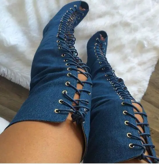 

Newest 2018 Women Boots PeepToe Fashion Special Sexy Over-the-Knee Lace-up Cut-outs Solide Thin Heels Zip Lace-Up