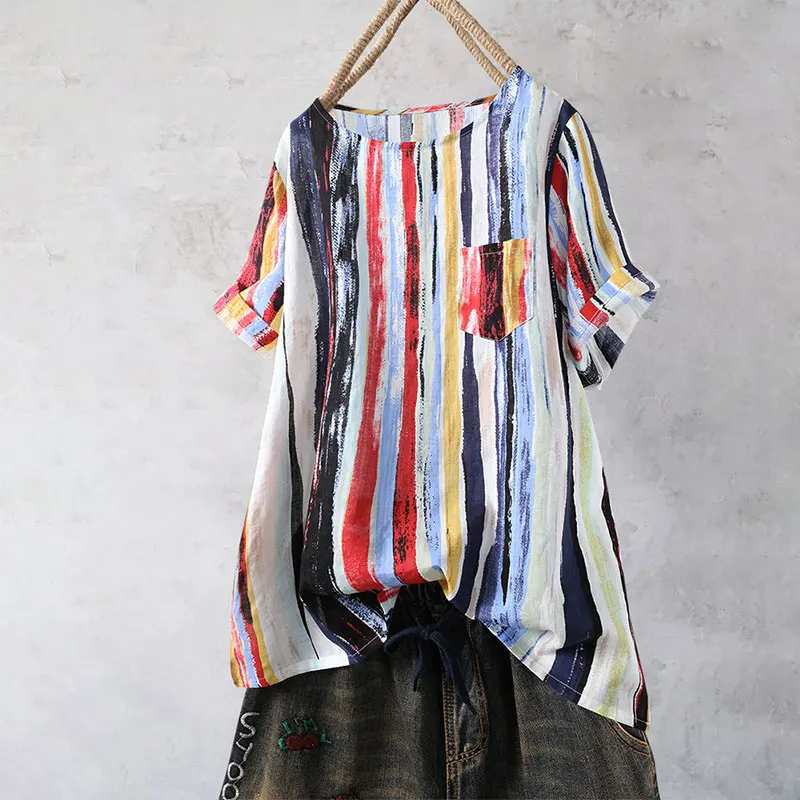 Plus Size Large Cotton India Folk Pockets Women Tunic 2019 Summer Half Sleeve O Neck Loose Paint Striped Rainbow Female Blouses
