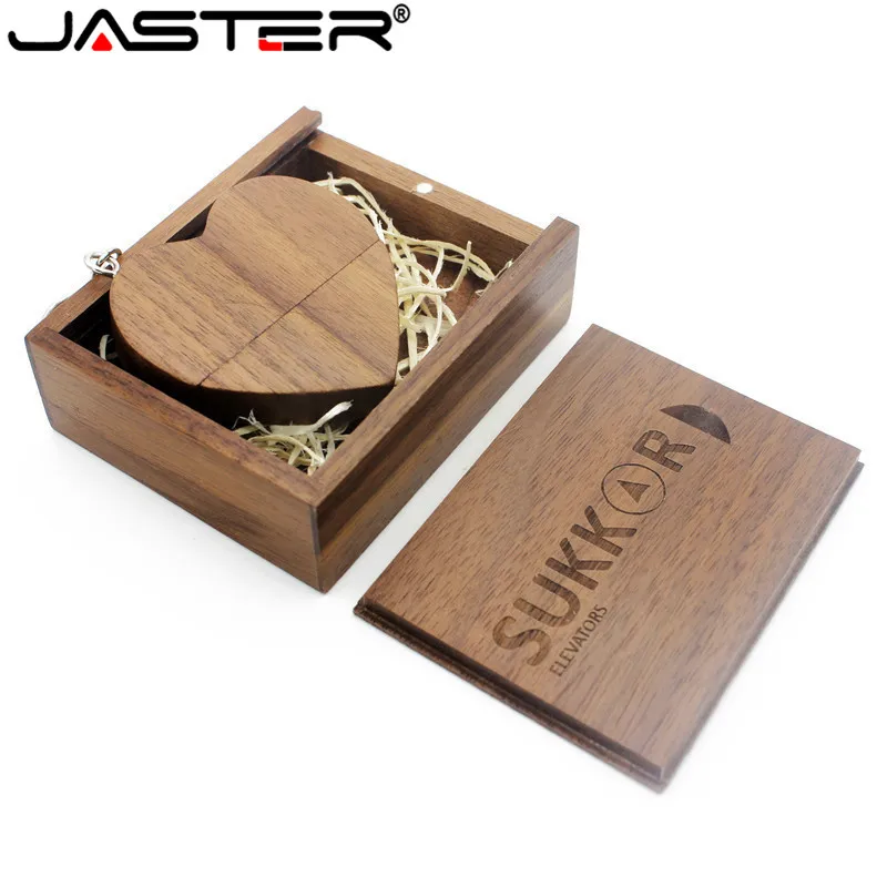 

JASTER (over 10 PCS free LOGO) walnut wooden heart + gift box USB flash drive creative pendrive 4GB 16GB 32GB 64GB memory stick
