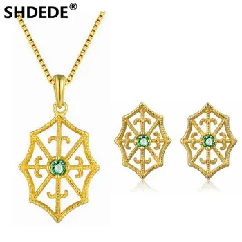 

SHDEDE 925 pure silver light extravagant jewelry natural gem emerald shield Necklace Earrings sets Bride's wedding jewellery