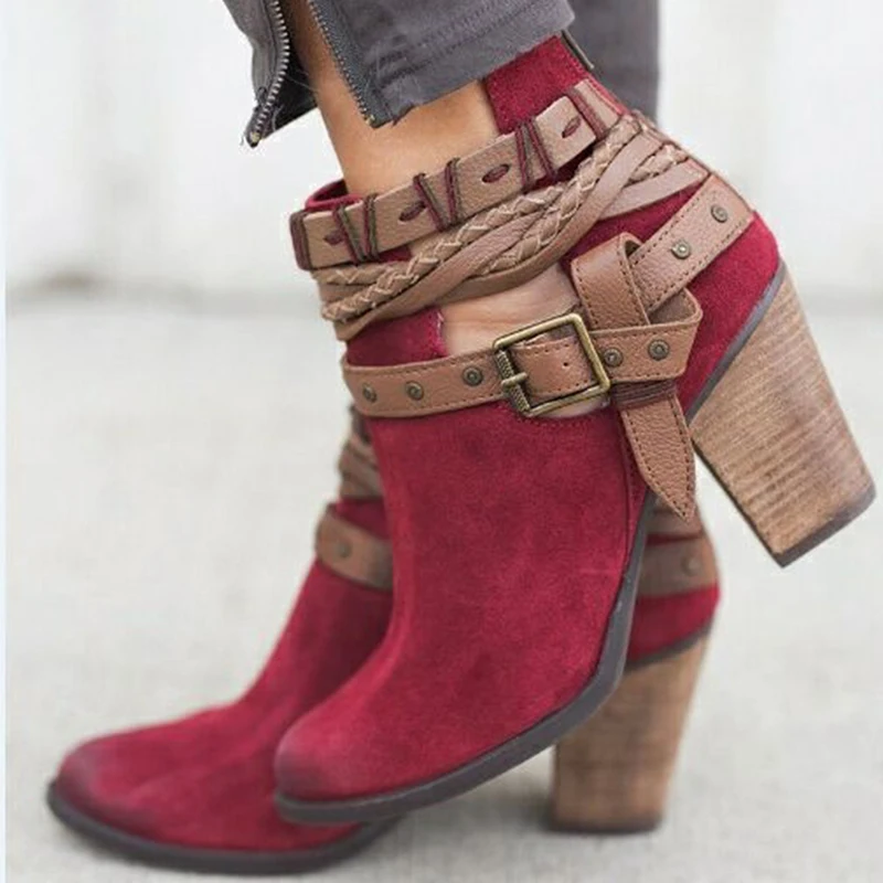 Autumn Spring Women Boots Fashion Casual Ladies Shoes Martin Boots Suede Leather Buckle Boots High Heeled Zipper Daily Shoes - Цвет: wine red